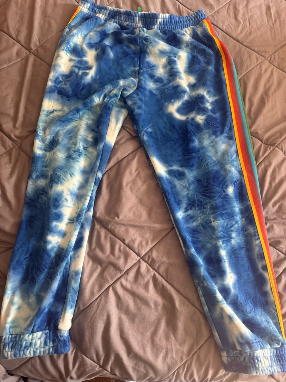 Farm Rio Super Soft Blue Tie-Dye Sweatpants w Rainbow Stripes